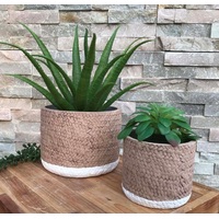 DISC) SAND/WHITE WEAVE CEMENT POT SMALL 10H 11.5T 9.5B